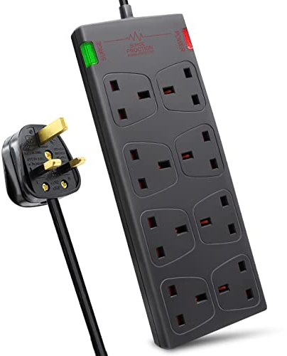 EXTRASTAR 8 Way Extension Leads with Surge Protection, 13A 3120W Approved British UK Wall Mounted Power Strips with 5 Metre Extension Cord for Home, Office - Black