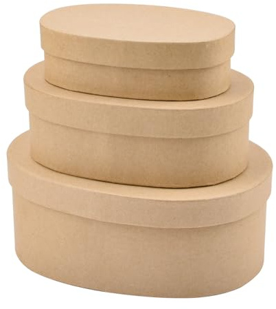 WANDIC Pappmaché-Box, Set mit 3 ovalen Pappmaché-Behältern mit Deckel, ideal zum Malen, Basteln und Aufbewahren, Zubehör, Schmuck, Geschenke