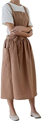 Achsoo Baumwolle Leinen Schürzen Einfarbig Japanischer Stil Kreuz Zurück Schürze mit Tasche Retro Literatur Kunst Blumenladen Kleidung für Damen Herren Küche Kochschürzen