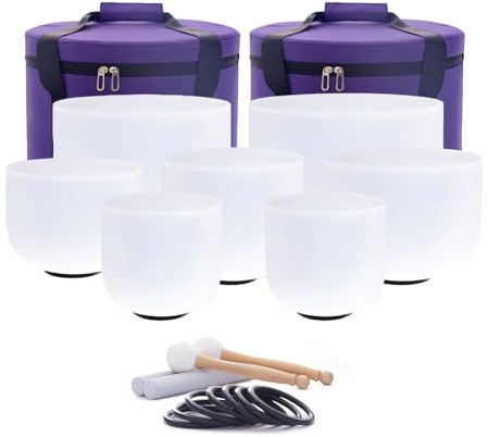 Hye-eun Kristall-Klangschalen-Set 17,8-30,5 cm, 7 Stück, Weiß Quarz Klangschale für Klangheilung, mit 2 Tragetaschen