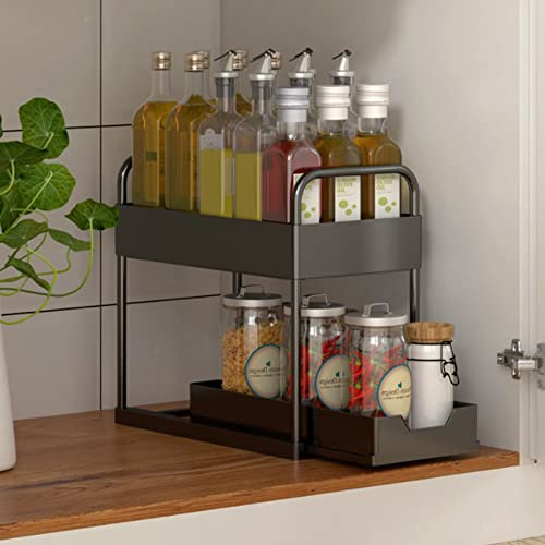 Organizer Cucina, Organizer Bagno, Mensola Bagno, Ripiani Cucina Salvaspazio, Mensola Cucina, Mensola sotto Lavello Cucina Portaoggetti a 2 Livelli con Cestello Scorrevole,40*22*30,5 cm (nero)