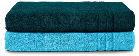 Komfortec Lot de 2 Serviettes de Sauna & Serviette Table de Massage, 100% Coton,470 g/m², Doux Et Absorbant, Séchage Rapide, Taille 70x200 cm, Petrole/Turquoise