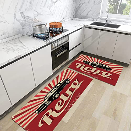 2 Pcs Tapis de Cuisine et Tapis antidérapants,Voitures, Affiche rétro nostalgique de la voiture noire de l'industrie automobile à , Support en Caoutchouc Paillasson Tapis en Microfibre 45x70+45x120 cm