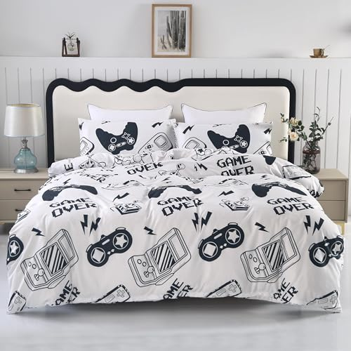 SDIII Set copripiumino per letto matrimoniale, 3 pezzi, bianco, con lacci agli angoli e chiusura a cerniera, resistente alle pieghe e allo sbiadimento, grazioso copripiumino per ragazzi, ragazze e
