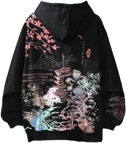 Grafiska huvtröjor for kvinnor Fairy Grunge Sakura Anime Luvtröja Harajuku Y2K Huvtröjor Kawaii Söt Baggy Hoodie Långärmad tröja Kawaii Kläder (Color : Black, Size : S)