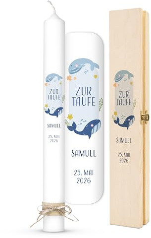 AMARI ® Taufkerz personalisiert Wunderwelt Wal (002.10.04) H:40cm/⌀:4cm - Taufkerze Mädchen/Junge - Gestalten - Taufe - Machen