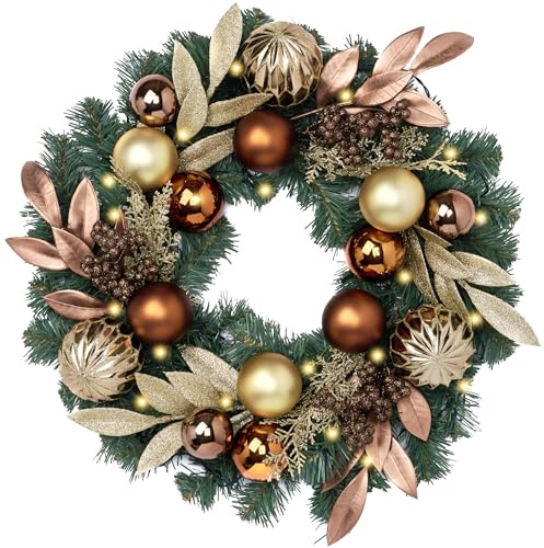 Valery Madelyn Vorbeleuchteter Weihnachtskranz für Haustür mit Lichtern, 50,8 cm, großer beleuchteter Weihnachtskranz mit bronzefarbenen Kupfer-Goldkugeln für Kamin, Fenster, Außenbereich,
