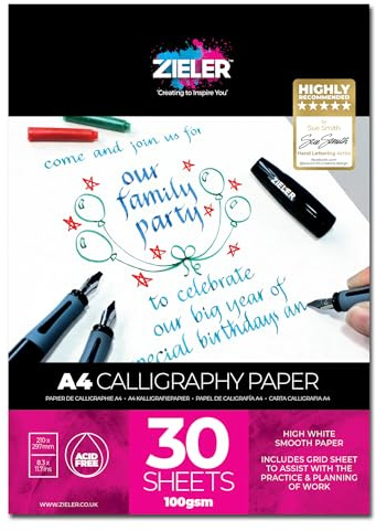 Zieler Kalligraphieblock, A4, 100 g/m², 30 Blatt glattes, hochweißes Papier, inklusive Rasterblatt
