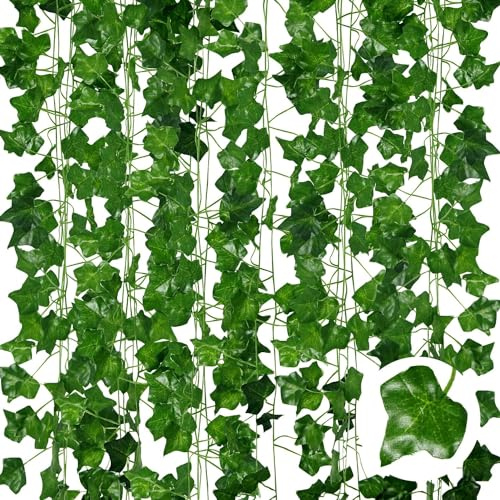 KANGSIT Lot de 12 guirlandes de lierre artificiel – 210 cm de long – Vignes artificielles réalistes pour décoration murale de chambre et de jardin, fausses feuilles vertes en plastique à suspendre,