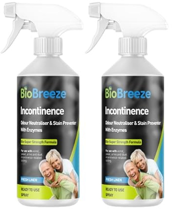 BioBreeze Incontinence Odour & Stain Preventer Spray With Bio Enzymes Human Urine/Soiling Cleaner For Elderly Care Enzymatic Formula Super Strength Fresh Linen 500ML (Pack of 2)