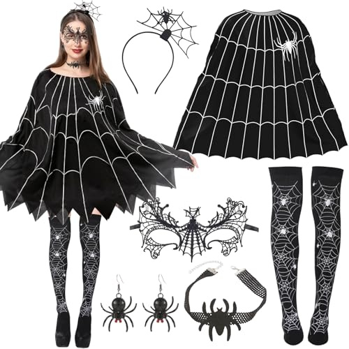 Halloween spindeldräkt, 6 stycken spindeldräkt damer halloween kostym damer spindelnät cape spindelmask, örhängen, diadem, spindelkostym set för vuxna halloween karneval cosplay