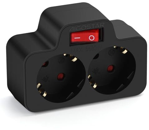 Aigostar Presa Schuko Doppia,Presa Multipla con Interruttore ed Protezione Bambini,Adattatore 2 prese universali Combinata Standard Tedesco, Nero