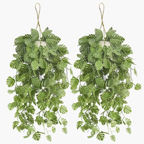 Daily Treasures Künstliche Hängepflanzen mit Übertopf - 2er Set Realistische Monstera-Blatt Deko inkl. Hängeseil, Üppige Kunstpflanzen für Regal/Wand/Garten (Weißer Pflanztopf)
