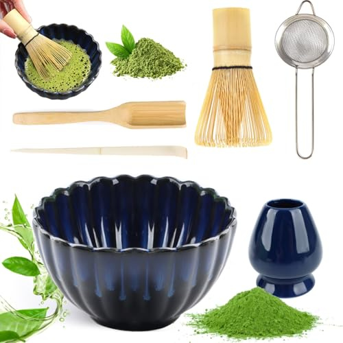 Juego de batidores de matcha, juego de batidores de matcha (6 piezas), juego de té matcha, juego de cerámica Matcha, incluye cuenco de matcha, batidor de matcha, soporte para batidor, cuchara de