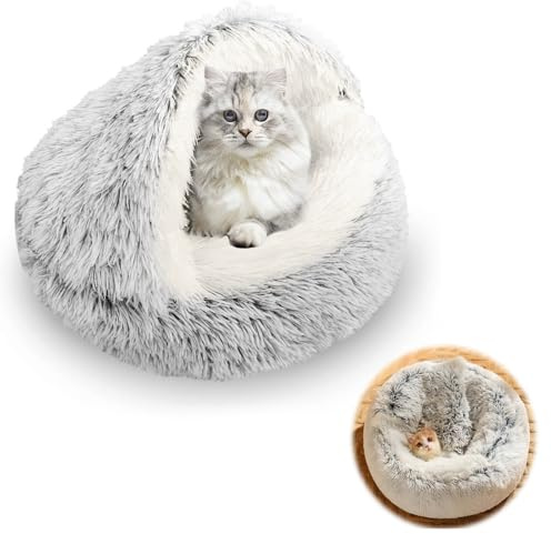 Tearmier Cat Bed, Kitten Cave Beds for Indoor Under 3kg Fluffy Pet BED Indoor Cat Cave Hooded Beds with Raffia chew stick