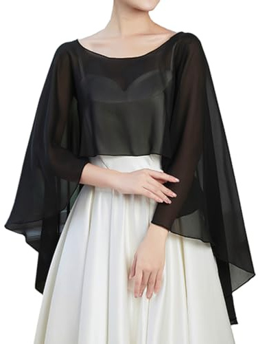 SamHeng Capa Chal de Chifón para Mujer, Ligero Chales y Envolturas para Vestido de Noche Transparente Capas de Boda Bolero Estola de Gasa Poncho Chales de Novia Evento Formal Graduación (Negro)