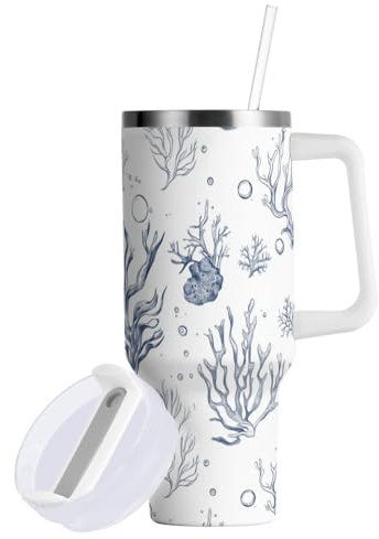 FRODOTGV Aesthetic Corals - Vaso aislado al vacío con tapa y pajita, botella de agua grande de 30 onzas, taza reutilizable con asa para el hogar, la oficina o el coche