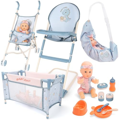deAO Ensemble Poupée Bébé - Accessoires pour Poussettes, Chaises de Salle à Manger, Berceaux, Sacs, Biberons, Couverts, avec Poupées 30cm, Jeux de Rôle Jouets, Cadeaux pour Filles de 3 Ans +