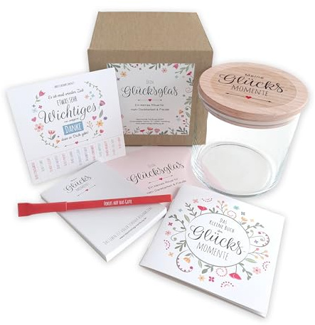 Gedankenglas Glück – Geschenkset für Glücksmomente | Glas mit Holzdeckel, Notizblock, Stift & Buch der Glücksmomente | Achtsamkeit & Dankbarkeit | Geschenkidee für Frauen, Freundin, Familie