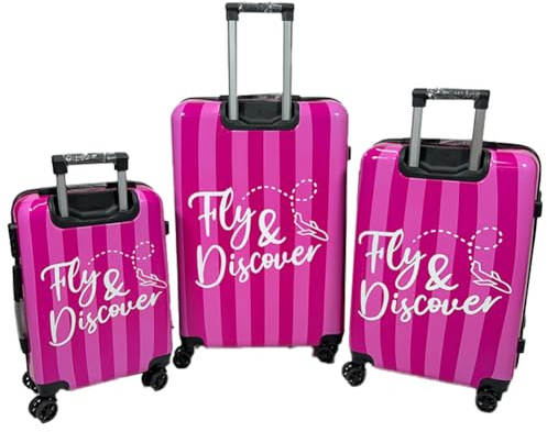 Relax World Set 3 Valigie Trolley Rigide, Design 'Fly & Discover', Ruote Girevoli 360°, Chiusura di Sicurezza, Taglia L, M, S (Fuxia)