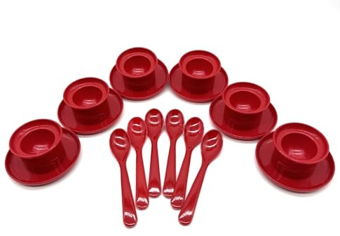 6 Stück Eierbecher mit Löffel Frühstücksset Kunststoff, Farbe rot, Eierbecherset