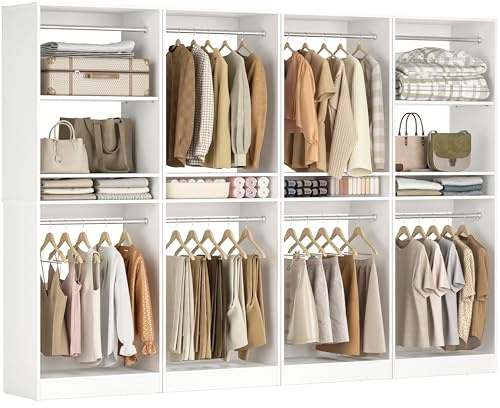 Unikito 100” Closet System, 8.3FT Wood Closet Storage Organizer with 8 Hanging Rods, Adjustable Large Walk in Wardrobe Closet Tower, Sturdy Clothes Garment Rack, Easy Assembly, Set of 4, White