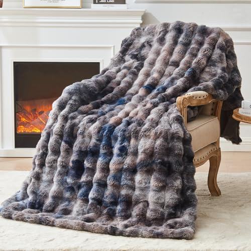 EMME Bubble Decke Kuscheldecke 230 x 270 – Kaninchenfell, Batik Flauschig | Flauschig Felldecke Bett Cozy Plüsch Faux Wohndecke Warm Weich Kuschelig Dicke