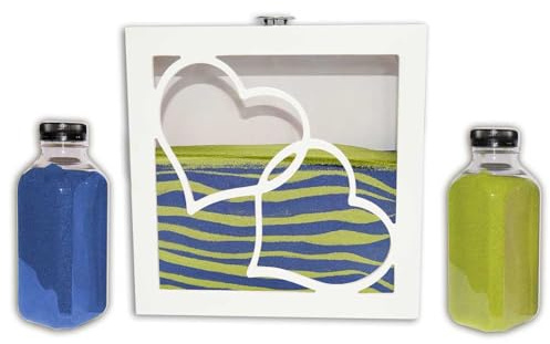 Kit Ritual de Arena para Boda con Marco Corazones – Ceremonia Simbólica de Amor – Incluye 2 Colores de Arena (800g c/u) – Regalo San Valentin – Modelo Blanco (Blanco, Azul/Verde)