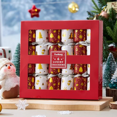 Fox·Bunny Christmas Crackers 6 Pack Red and White, Crackers with Party Hats Jokes and Gifts Fidget Toys Wind Up Toys