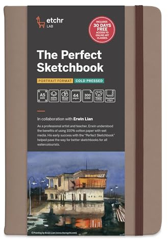 Etchr The Perfect Sketchbook Deckle Edition – Premium 300 g/m² 100 % Baumwolle Kaltpresse, handgedrehte Deckle-Kanten, flache Bindung, veganer Ledereinband (A5 Hochformat, 21,6 x 14,7 cm)
