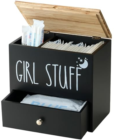 Tampon Aufbewahrungsbox 3 Fächer mit Deckel und Schublade, Badezimmer Organizer Holz Tampon Aufbewahrungsbox mit Schublade, Tamponhalter für Frauen Tampons, Wattestäbchen, Wattebällche -Schwarz