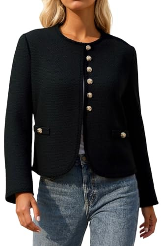 Generisch Veste bouclée pour femme de style classique – Veste courte élégante avec boutons dorés | Veste casting intemporelle pour le travail et les loisirs, Style_l01 Noir, M