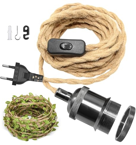 ZRLXFM Lampenfassung E27 mit 5M Hanfseil Kabel, Lampenkabel mit Schalter und Stecker, Für DIY Hängende Pendelleuchte Vintage Hängelampe Mit einer 5M langen grünen Blattdekoration(Schwarz)
