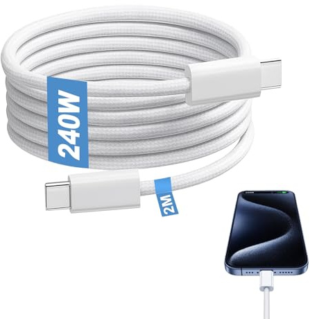 Câble USB C 240W 2M Charge Rapide – Câble USB C vers USB C 2M Compatible con MacBook Pro M3/M4, MacBook Air, iPad Pro, iPhone 16/15/16e/Pro Max,Lenov, Dell, HP–Transfert Données 480 Mbps Nylon Tressé
