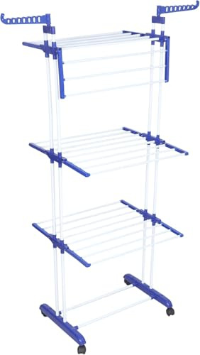 Premium Clothes Stand for Drying with Wheels | Portable | 3 Layer Rack for Balcony | Double Pole | Foldable Wings | 14 Hanger Rods | Alloy Steel & Plastic (White & Grey)