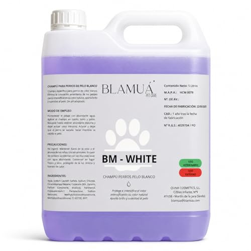 Champú Perros Pelo Blanco Profesional – Elimina Amarilleos, Realza Color Natural, Brillo y Suavidad – Fórmula Suave pH Adaptado – 5 L