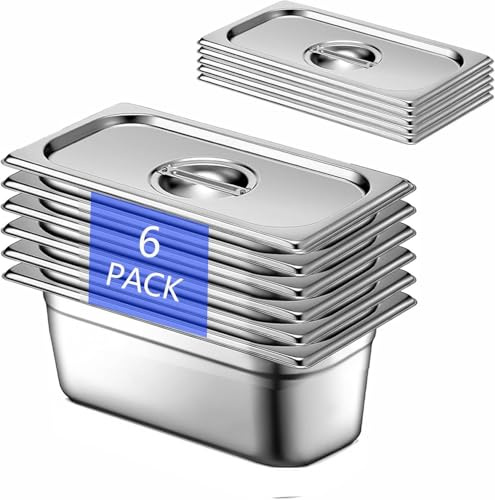 QYDMIN 6 Stück GN 1/3 Behälter, 32,5 x 17,5 x 10 cm Edelstahl Behälter mit Deckel, Gastro Behälter für Speisen, Torten, Hotelpfanne Tisch Food Pan