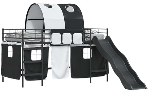 HETFTJN Hochbett Kinder Schwarz 205x105x116 cm Metallrahmen Rutsche & Vorhang Spielbett für Jugendzimmer Modernes Design Robust für kleine Räume