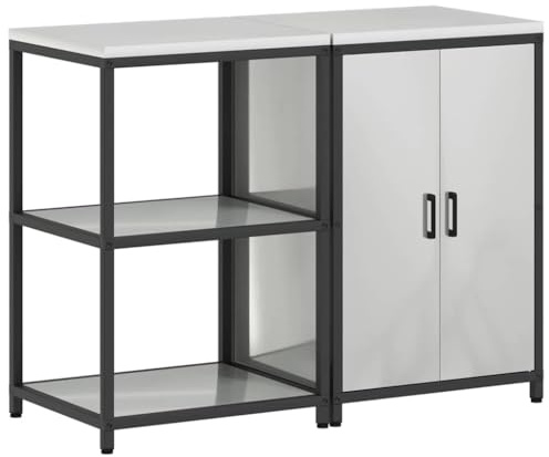 QJBSAVVA HATTEM - Set di 2 mobili da cucina in acciaio zincato argento, robusto mobile da cucina per esterni, con 4 ripiani e 2 ante, 60 x 50 x 92 cm per unità