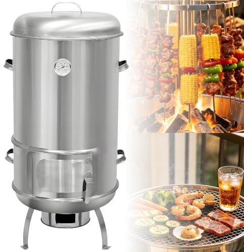 Ahumador de tambor y parrilla, 40 cm de diámetro, barril desmontable, bandeja y soporte de carbón, asador de pollo 3 en 1, parrilla de barbacoa, parrilla de carbón portátil