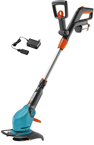 Gardena Akku-Trimmer Set EasyCut Li-18/23R: Rasentrimmer mit 230 mm Schnittkreis, Teleskopstiel und Pflanzenschutzbügel, Stielneigungsverstellung (9823-20)