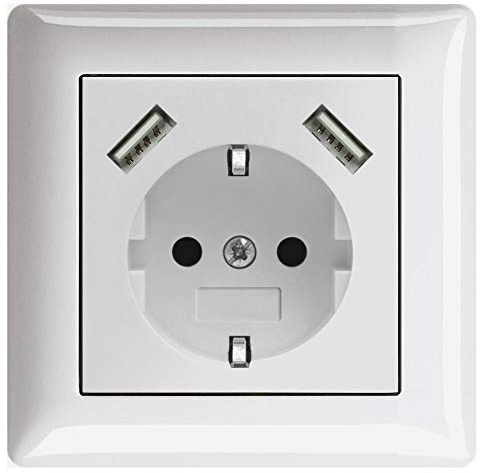 230 V Steckdose mit 2 x USB Ladegeräten, Schuko Wandsteckdose Unterputz, passend für Gira System 55, Jung AS 500, Reinweiß glänzend, Alpinweiß, Weiß, TÜV Rheinland zertifiziert (Einfachsteckdose)