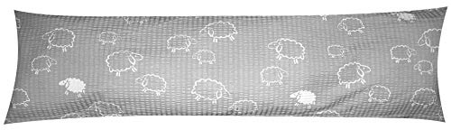 Heubergshop Seersucker Seitenschläferkissen Bezug 40x145cm - Schafe Lämmer Grau Weiß - 100% Baumwolle Kissenbezug (SB-99/7)