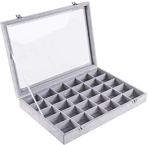 Lavcus 30 Fächer Damen-Schmuckkasten Schmucklade Ringbox Schmuckkästchen für Halskette, Armband, Ringe und Ohrringe Grau
