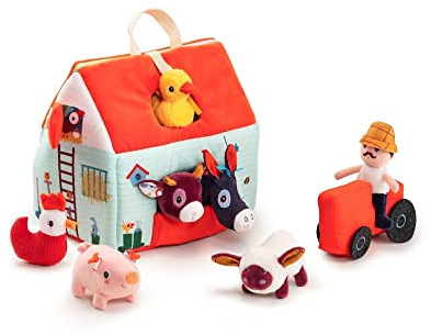 Lilliputiens - Mein erster Bauernhof - Lehrreiches Stoffspielzeug mit Tieren und Bauer - Fördert Motorik und Fantasie - Mit 8 Zubehörteilen und Tragegriff - Spielzeug zur Frühförderung - Ab 18 Monaten