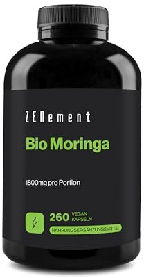 Bio-Moringa 1800 mg pro Portion – Bio-Superfood mit Vitaminen, Mineralstoffen und Antioxidantien – Hohe Konzentration und Reinheit – 260 Vegane Kapseln – 3 Monate Vorrat – Zenement
