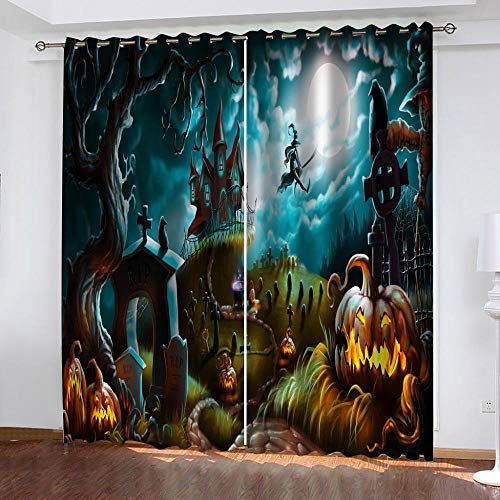 GSKBDQ Vorhang Blickdicht 3D Druck Halloween-Hexe Muster Verdunkelungsvorhänge 100X160Cm（B X H） Gardinen Mit Ösen Wohnzimmer Schlafzimmer Kinderzimmer Thermovorhang Ösenschal 2Er Set