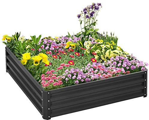Outsunny 432L Square Raised Garden Bed Box with Weatherized Steel Frame for Vegetables, Flowers and Herbs, 120 x 120 x 30cm, Grey