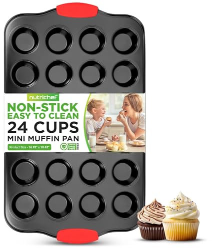 Nutrichef Backform für 24 Muffins, antihaftbeschichtet, attraktive graue Karbonstahl-Backform mit roten Silikongriffen, kommerzielle Qualität, Metall-Backgeschirr, kompatibel mit Modell NCSBS10S
