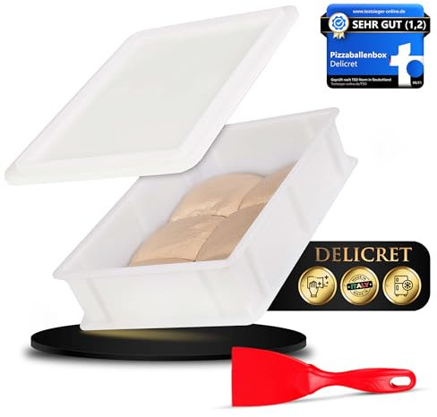 delicret the delicate secrets of the world Teigballenbox mit Deckel & Teigspachtel Teigbox für Teiglinge Außenmaße: 40x30x10 passt in Haushaltskühlschrank Pizza Spachtel Box Pizzateig